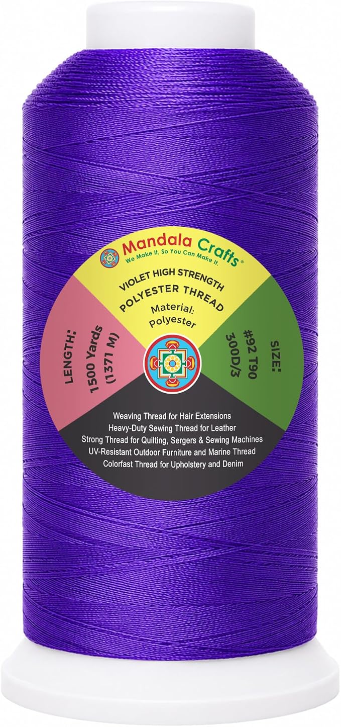 Mandala Crafts Violet Tex 90 Polyester Heavy Duty Thread for Upholstery | 1500 Yds T90 UV Resistant Strong Thread for Leather Sewing, Marine, Drapery, Jeans, Hair Weaving & Extension, Outdoor