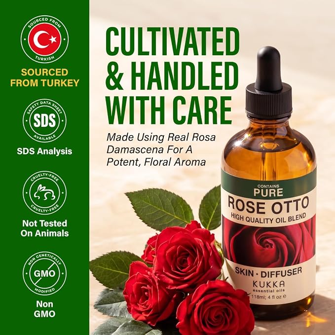 100% Pure Rose Otto Essential Oil 4 Fl Oz - Rose Oil for Hair, Skin & Face | Long-Lasting Aroma for Diffuser and Aromatherapy, Massage, Body Care, Non-GMO, Undiluted Floral Fragrance, with Dropper