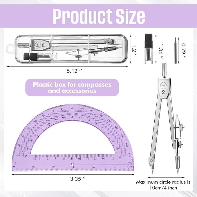 EBOOT Drawing Compass and 6 in Protractor Geometry Set, Purple | Geometry Math Set, Swing Arm Protractor Ruler Compass, Geometry Drawing Tools for Measuring Angles