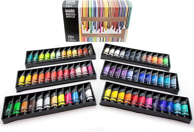 Liquitex BASICS Acrylic Paint Set, 72 x 22ml (0.74-oz) Tubes | Medium Viscosity, Satin Finish, Lightfast, Fine Art Pigments, Range of Opacities, Easy Blending