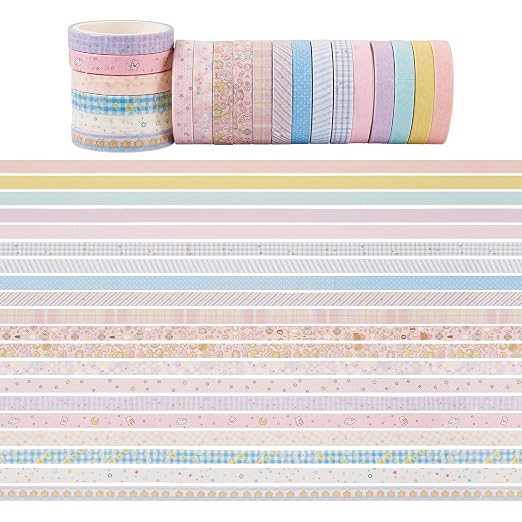 20 Rolls Washi Tape Set 7mm Pastel Scrapbook Bible Tape Decorative Tape Pack Pink Aesthetic Colored Tape Rolls Stickers for Crafts DIY Scrapbook Study Journaling Planner Supplies