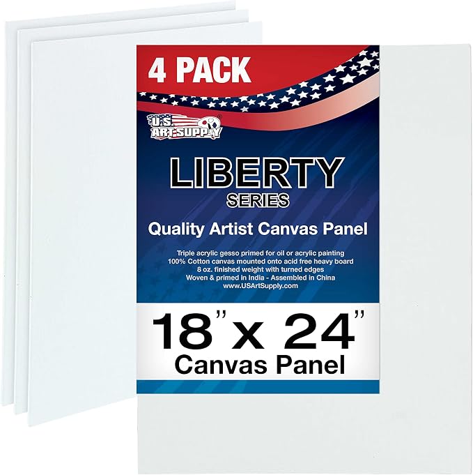 U.S. Art Supply 18 X 24 Inch Art Canvas Board Panels 4 Pack - 8 Ounce | Heavyweight Cotton Acid Free Canvases for Painting Acrylics and Watercolor (1 Case of 4 Single Canvas Painting Panels)