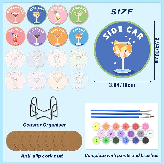 8 Pack Cocktail Paint by Numbers Kits Coasters with Holder Cork Pads | Drinks Paint by Number Kits for Adults Simple Round Oil Painting Coaster for Small DIY Craft Holiday Birthday Gift 3.9x3.9in