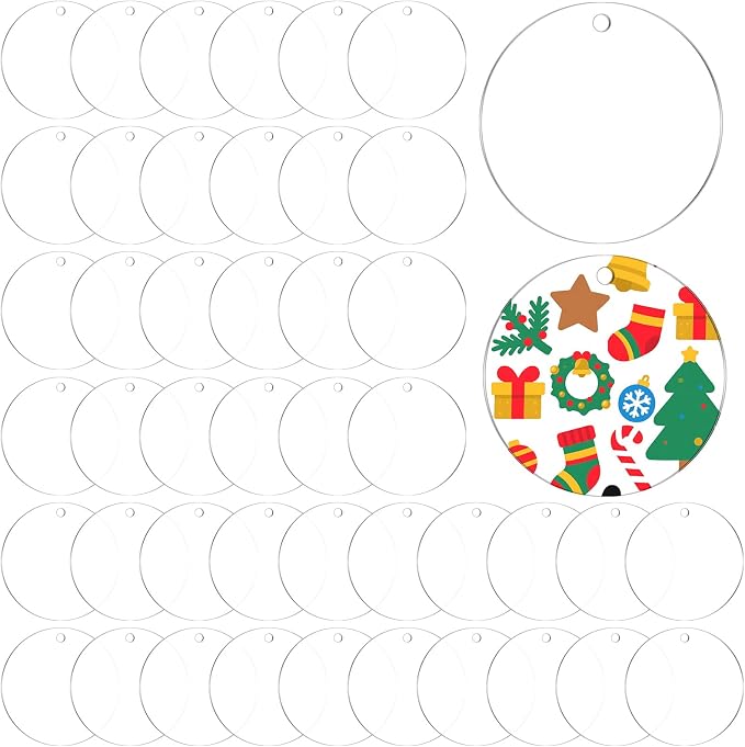 100 Pcs Acrylic Keychains Blanks 2 inch, Clear Ornament Blanks Acrylic Round Discs Blank with Hole for Christmas Ornaments Decor, Plastic Circles for Engraving, Painting, DIY Crafts