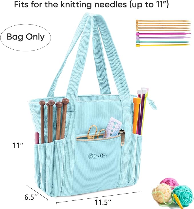 MYBAGZING Corduroy Crochet Bag 11.5" Large Yarn Storage Tote with Grommets, Needle Holders – Knitting Bag Organizer for Crochet Hooks, Accessories, Tools & Projects –Gift for Knitters & Crafters