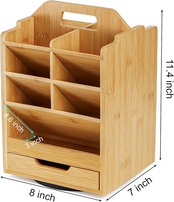 SOUJOY Bamboo Pen Holder Organizer, 360°Rotating Art Supply Storage Caddy, Hold 400+ Pencils, 15 compartments Office Desk Stand Box with Handle for Marker Pens, Colored Pencil, Art Brushes