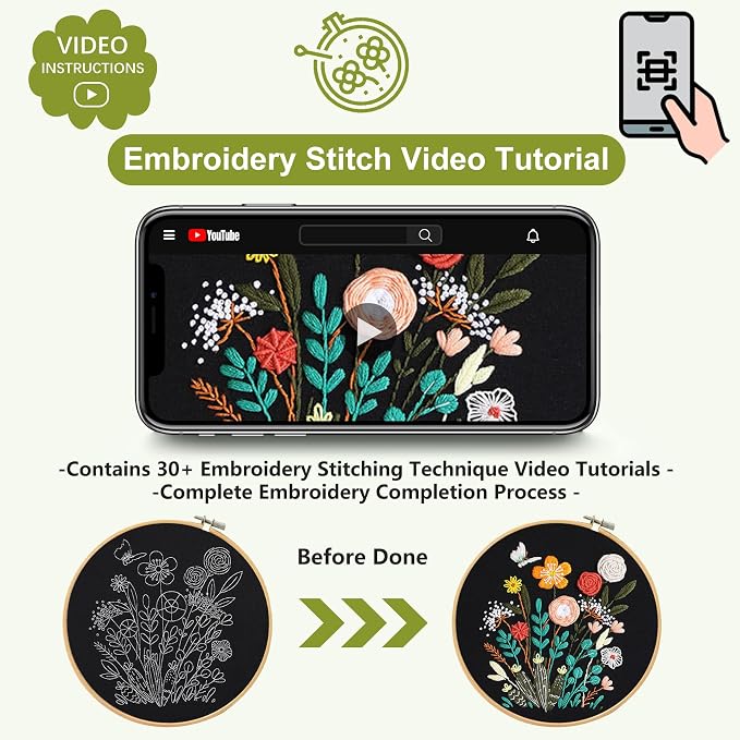 Santune 3 Pack Beginner Embroidery Kits for Adults DIY Starter Kit with 33 Stitch Techniques, Stamped Patterns, Embroidery Hoop, Colorful Threads,Stitch Video Tutorial