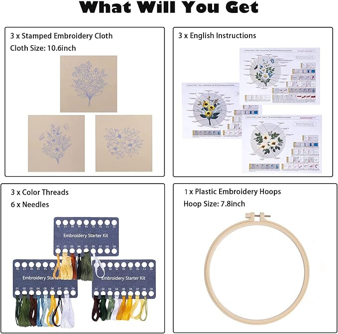Embroidery Kit for Beginners,Cross Stitch Kits for Adults DIY Craft 3pcs Embroidery Pattern Needlework Fabric Embroidery Thread and Needles 1pcs Embroidery Hoop Adult Stitch Stuff Sewing Kit Gift