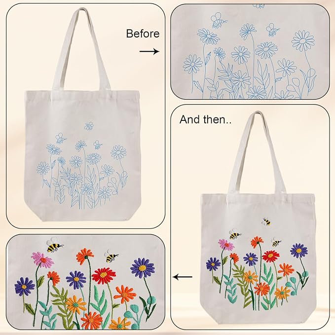 Louise Maelys Bee and Flowers Embroidery Kit for Beginners Canvas Tote Bag