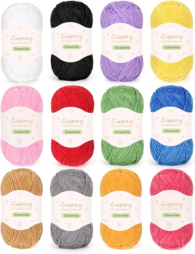Coopay Skinny Chenille Yarn, Lightweight Soft Yarn for Crochet & Knitting | 12 Colors Crochet Yarn Set - 600g Total, Velvet Yarn for Colorful Crafts, Blankets, Plush Dolls, Decorative Handmade Works