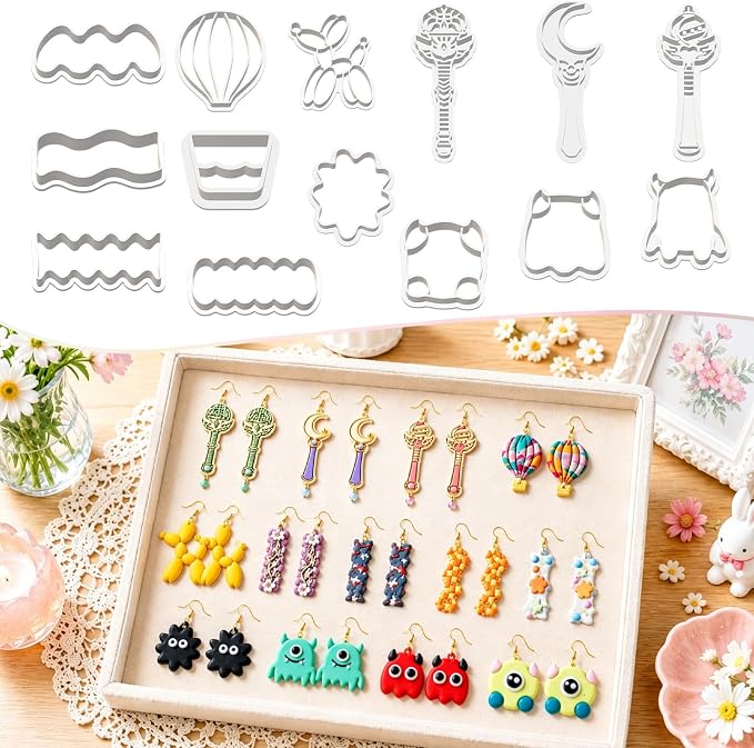 14Pcs Polymer Clay Cutters, Clay Earring Cutters Plastic Clay Jewelry Cutters for Earrings, Hair Clips & Mini Christmas Decorations-Balloon Dog, Hot Air Balloon, Crescent Moon, Monster, Magic Wand