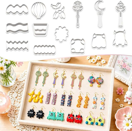14Pcs Polymer Clay Cutters, Clay Earring Cutters Plastic Clay Jewelry Cutters for Earrings, Hair Clips & Mini Christmas Decorations-Balloon Dog, Hot Air Balloon, Crescent Moon, Monster, Magic Wand