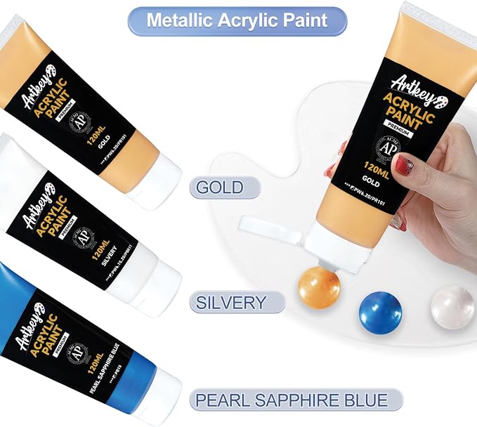 Artkey Metallic Acrylic Paint - Pearl Sapphire Blue (120 ml/4.06 oz) Tubes, Rich Pigments, Artists Acrylic Paints - Art Supplies for Canvas Wood Rock Clay Fabric Ceramics Art Crafts Painting
