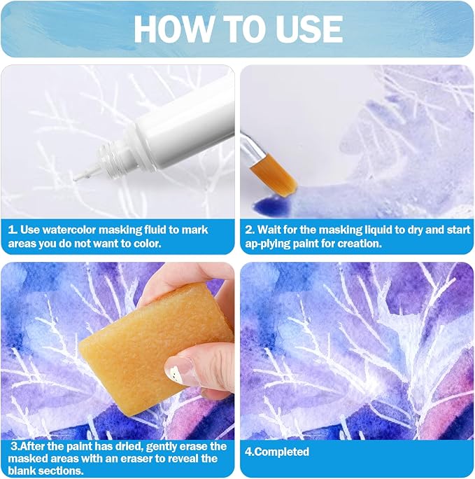 60ml White Masking Fluid for Watercolor Painting, Resistant Ink and Pouring Paint, Watercolor Masking Fluid Keeps Areas Colorless and Edges Sharp, Art Supplies for Artists