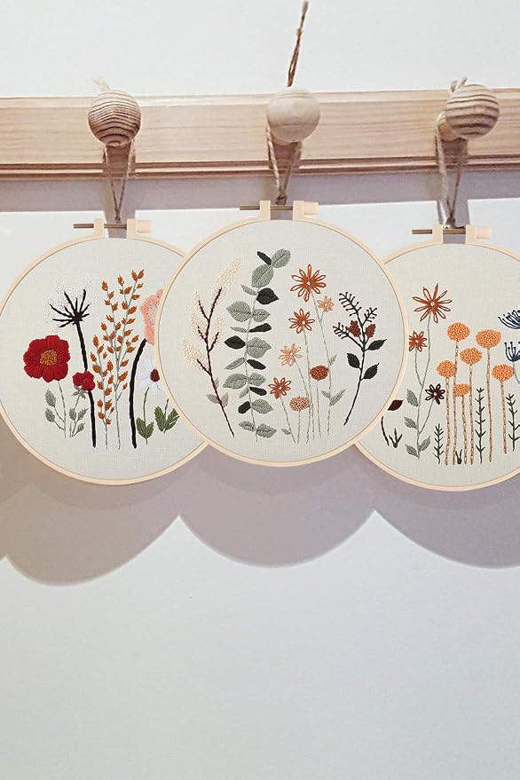 Uphome 3 Pack Embroidery Starter Kit for Beginners Stamped Cross Stitch Kits with Cute Flowers and Plants Patterns with 1 Embroidery Hoop and Color Threads for Adults Kids