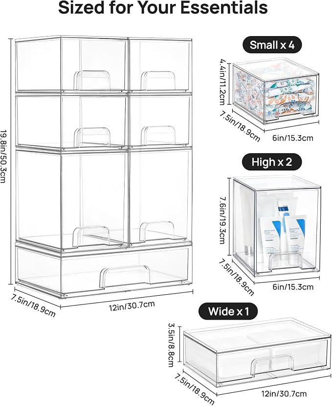 Vtopmart Clear Stackable Storage Drawers Set of 7, Plastic Organizer Bins | Multi-purpose Boxes for Baby Bottle Storage, Ideal for Kichen, Vanity, Bathroom, Undersink, Cabinet, Pantry Organization