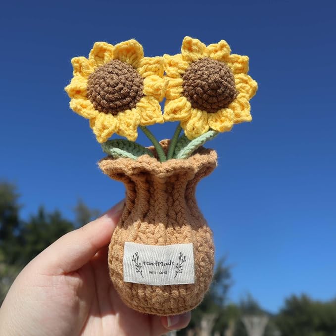 Crochet Sunflower Gift for Mom – Handmade Double Sunflower Pot, Cute Mother’s Day & Birthday Gift for Women, Dad, Teacher, Friend, Coworker, Inspirational Desk Decor