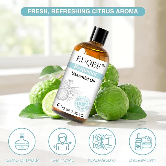 EUQEE 100ml Bergamot Essential Oil for Candle Making 3.38 Fl Oz
