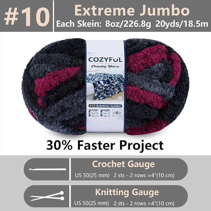 Cozyful Chunky Yarn for Hand Knitting - #10 Chunky Chenille Blanket Yarn, Jumbo Big Thick Chunky Yarns for Crocheting, Tie Dye Bulky Knit Yarns, 8 Skein (20 yds 8 oz Each Skein), Grey & Black & Red