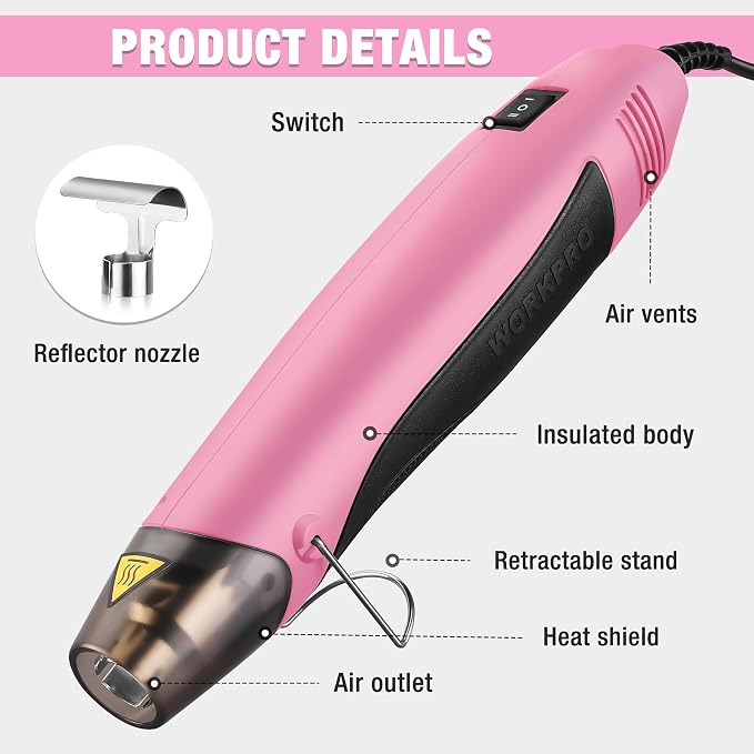 WORKPRO 400W Mini Heat Gun with Reflector Nozzle and 2 Temp Settings | 482℉/842℉ Dual Temperature Settings, 5.9ft Cable, Overload Protection, Ideal for Crafts, PVC Shrink Wrapping and Embossing