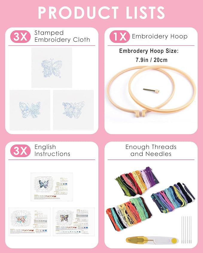 TINDTOP 3 Sets Embroidery Stitch Practice kit, Butterfly Flower Embroidery Kit for Beginners Include Cloth Hoops Threads for Craft Lover Hand Stitch with Embroidery Skill Techniques