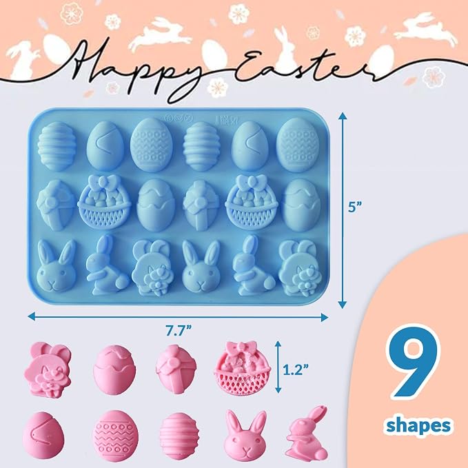 HKNMTT Easter Silicone Candy Mold 2-PACK 9 Shaped Egg Rabbit 72 Cavities Chocolate Mould Wax Melt Tray for Gummies Cupcake Decor Kids Holiday Gift Fudge Making Set