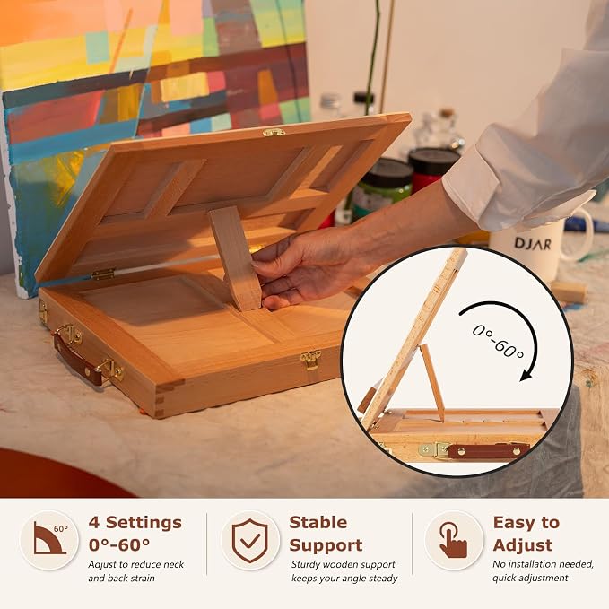 DJAR Tabletop Sketchbox Art Easel with Storage & Palette, Solid Beechwood | Hold Canvas up to 11" x 14", Compact Adjustable & Portable Stand for Painting, Sketching, Drawing and Art Supplies Storage