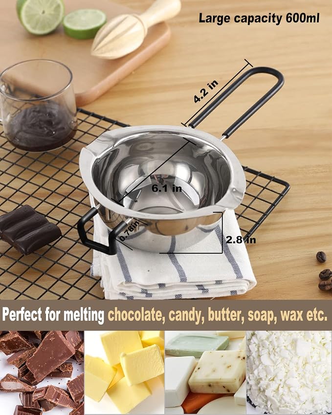 Double Boiler Pot Set, Stainless Steel Melting Pot 600ml and 1600ml | with Silicone Spatula for Melting Chocolate, Soap, Wax, Candle Making