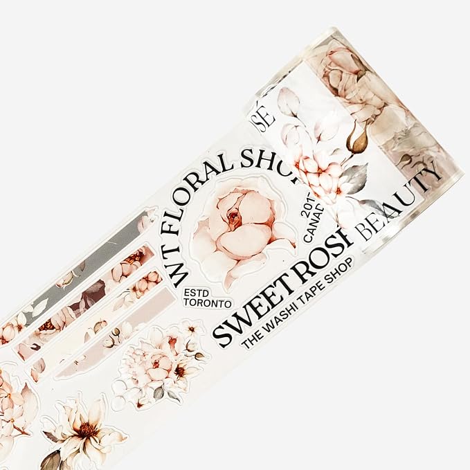 WT Pre-Cut Sweet Rosé Wide PET Tape, Single Roll, Original Designs, Dreamy Rose Motifs & Subtle Handwritten Accents, Decorative Clear Tape for Journaling, Scrapbooking, Planner, DIY Crafts