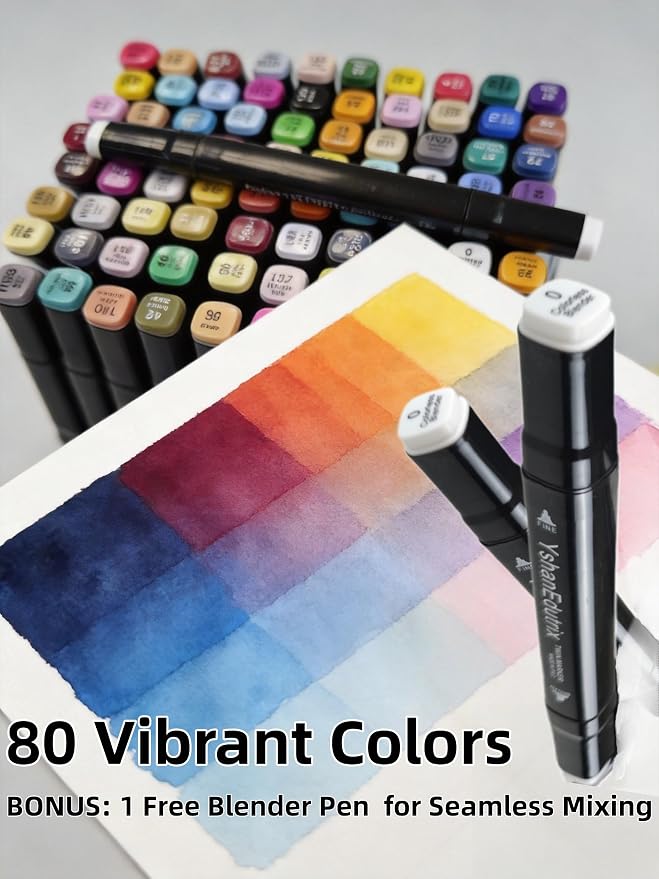 Alcohol Markers 80 Colors, 81 Pieces with Colorless Blender, Dual Tip Fine & Chisel Art Markers for Adult Coloring Books, Gifts, Drawing, Sketching, Painting & Illustration