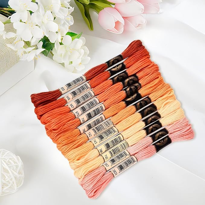 105 Yards 12 Skeins Gradient 6 Strands Orange Red Variegated Embroidery Thread Friendship Bracelet String Polyester Cross Stitch Floss Threads Assorted Bulk Set for Hand Sewing Making Supply