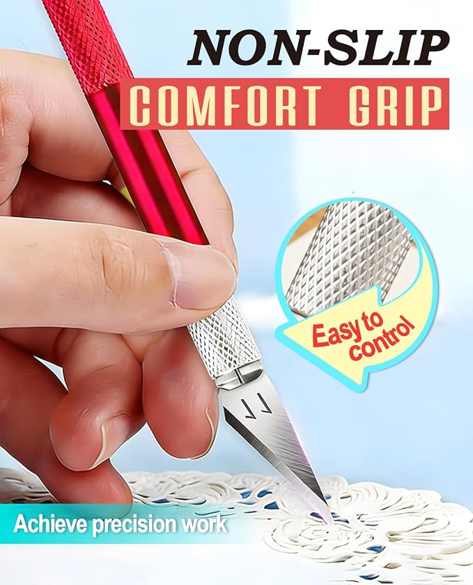 DIYSELF Hobby Knife Set with 10 Extra #11 Blades, 15cm Metal Ruler for Art | Hobby Knife Set for Model Making, Pottery, Paper & Vinyl Projects, Exacto Knife for Crafting, Artists & Hobbyists, Red