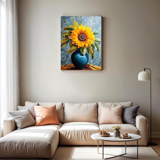 PINFFSHU 5D Diamond Art Kits for Adults Beginners, Full Drill Sunflower in Blue Vase Diamond Painting Kits DIY Gem Art Craft, Home Wall Decor, Unique Gift for Women, 12x16 Inch (30x40cm)