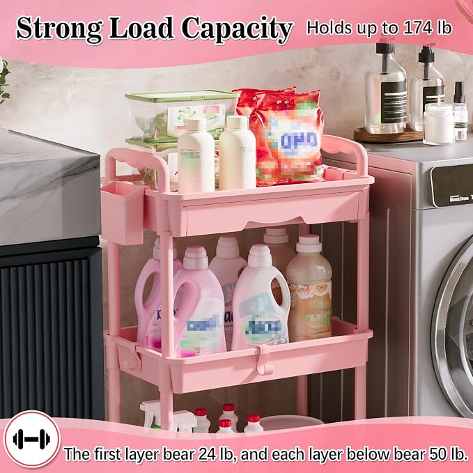 SUNALLY 3 Tier Rolling Cart with Drawer, Craft Storage Cart Organizer, Pink