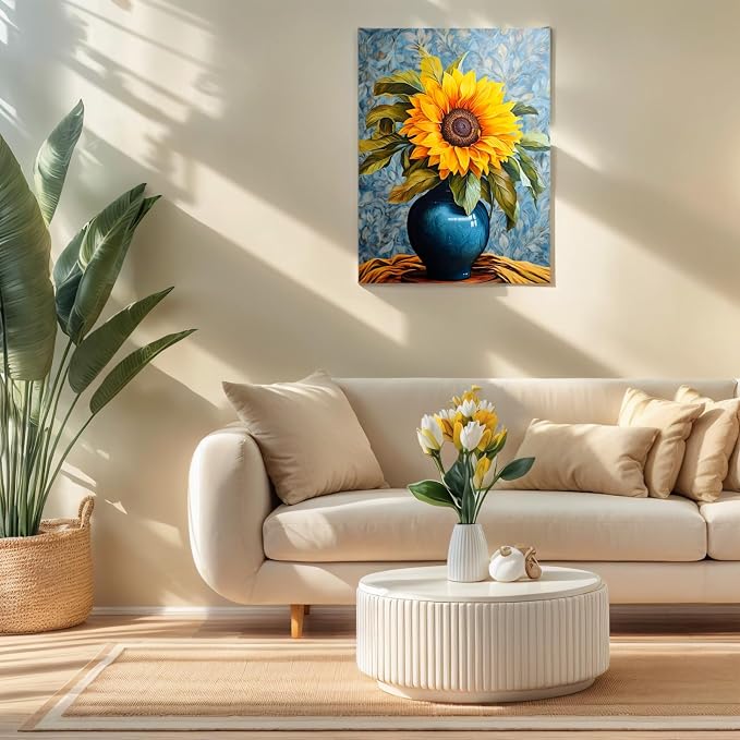 PINFFSHU 5D Diamond Art Kits for Adults Beginners, Full Drill Sunflower in Blue Vase Diamond Painting Kits DIY Gem Art Craft, Home Wall Decor, Unique Gift for Women, 12x16 Inch (30x40cm)