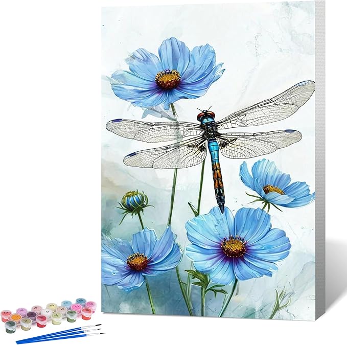 Fountor Framed Paint by Numbers Kit for Adults Beginner & Kids Ages 8-12, Dragonfly Paint by Number with Frame, Easy Acrylic Flowers Painting by Numbers Kit on Canvas 8x12 inch