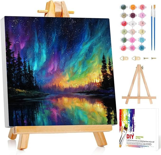 Framed Paint by Numbers Kit for Adults Beginner Kids Ages 8-12 Landscape Adult Paint by Number Kits on Canvas with Easel Starry Night Painting by Numbers for Adults with Frame DIY Painting Kits 8x8 In