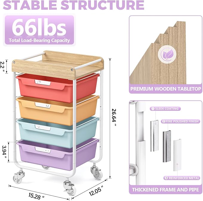 SYKIARIOL Rolling Craft Storage Cart with 4 Drawers,Art Cart,Jelly Color | Utility Cart with Drawers,Art Craft Organizers and Storage,Kids Craft Cart With DIY Lable and Wooden Tabletop Area