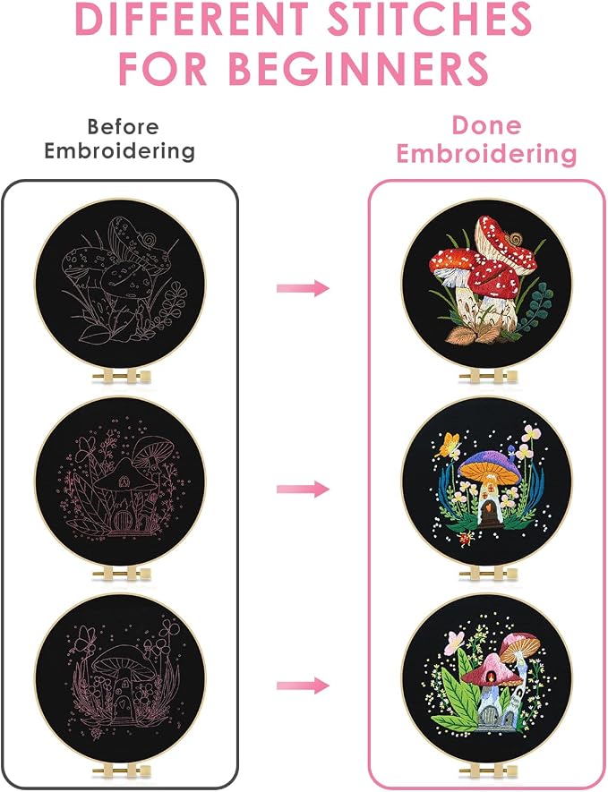 TINDTOP Embroidery Kit for Adult, Mushroom Embroidery Stitch Practice kit
