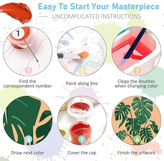 6 Pack Paint by Numbers Kit for Adults, Potted Green Plant, 8x12 Inch | Acrylic Number Painting Set, DIY Canvas Art Craft Kit, Beginner Friendly, Home Wall Decor, Stress Relief Relaxing Hobby Gift