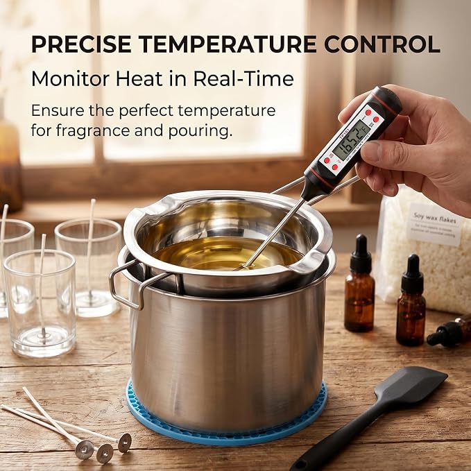 Double Boiler Pot for Melting Wax, Stainless Steel Candle Making Kit with Silicone Spatula, Thermometer & heat-resistant mat for Soap Chocolate DIY Crafts(1000ml+400ml)