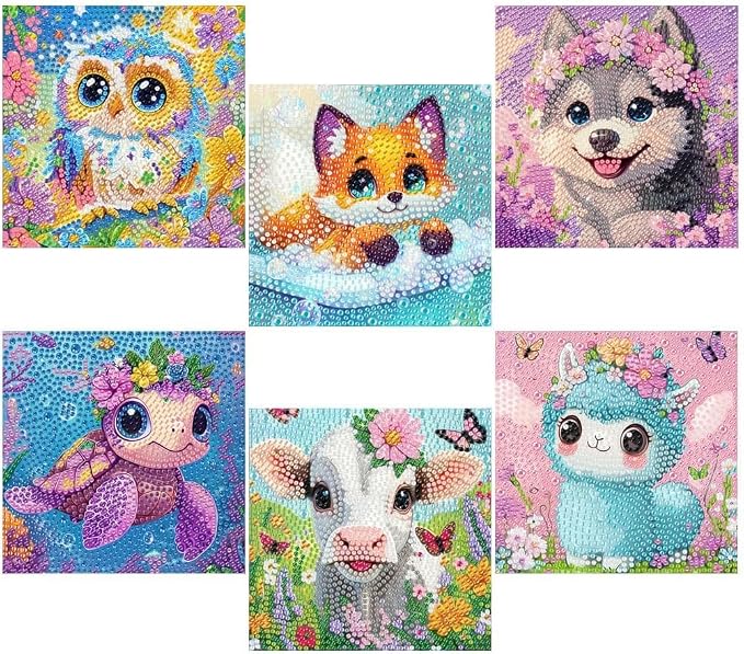 VividMeng 6 Pack Diamond Painting Kits for Kids Beginners, Cute Animals Diamond Art for Kids Ages 6-8-9-10-12 Girls Boys, Full Round Drill DIY Big Gem Art for Home Wall Decor and Gift 6x6inch