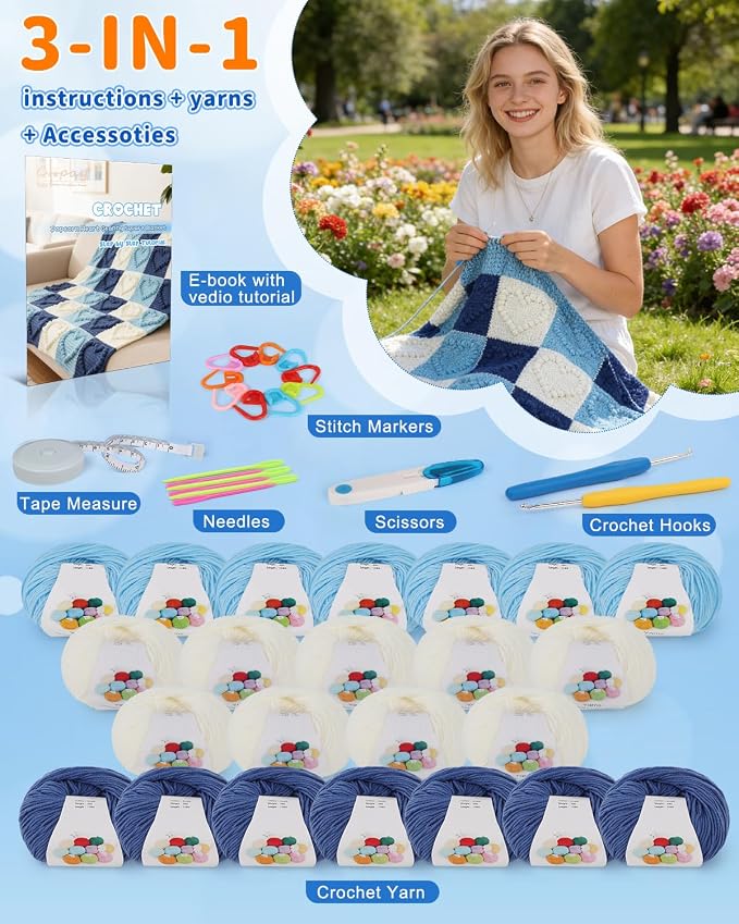 Coopay Crochet Kit for Beginners, 3D Heart Granny Square Blanket Kit, Set B