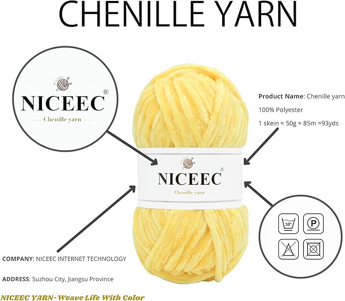 NICEEC 3 Skeins Soft Chenille Yarn 3 x85m (3X 93yds, 3X 50g)_Yellow