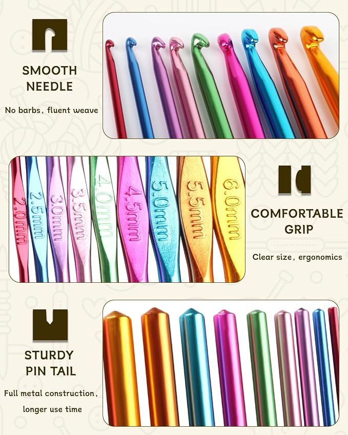 Coopay Crochet Hooks Set-19PCS Metal Crochet Needles with Stitch Markers | Ergonomic Crochet Hook for Comfortable Crocheting and Arthritic Hands(2.0mm/2.5mm/3.0mm/3.5mm/4.0mm/4.5mm/5.0mm/5.5mm/6.0mm)