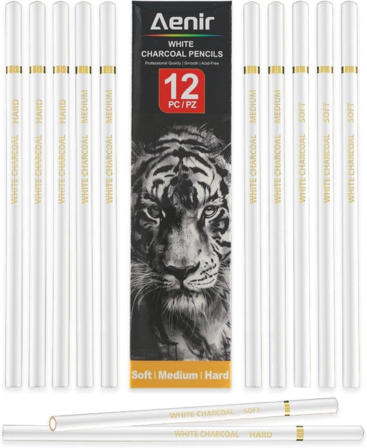 Aeni White Chalk Pencil, Pack of 12, Charcoal Pencils for Drawing | Art Supplies for Highlighting, Portraits, Landscapes, Sketching, Blending, Artist Supplies for Beginners & Pro Artists
