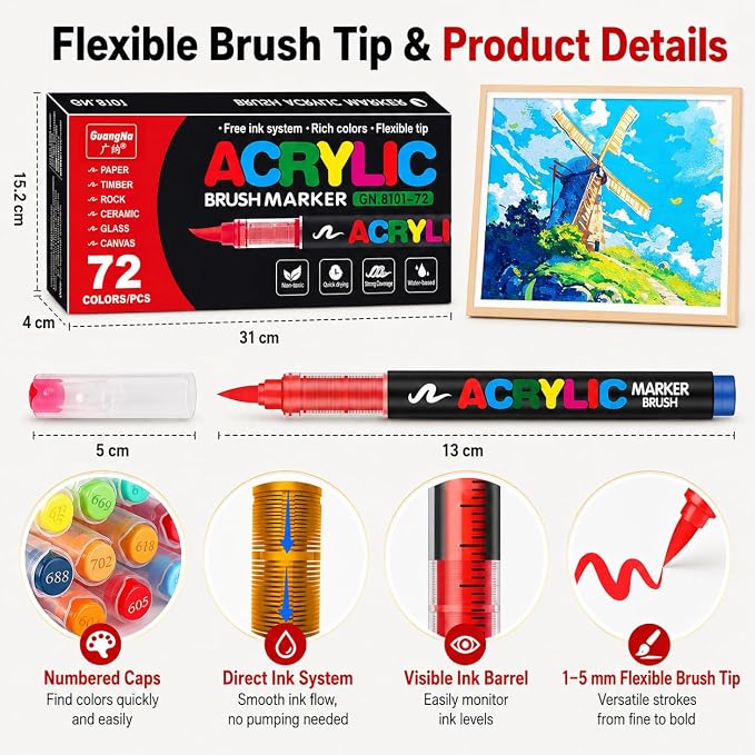 Amamao 72-Color Acrylic Paint Markers, Soft Brush Tip Pens for Rock, Wood