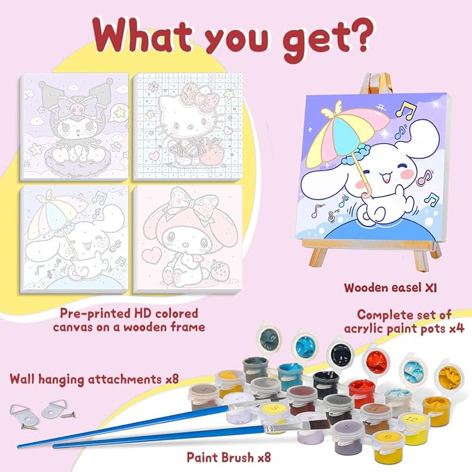 4 Pack Cartoon Paint by Numbers Kit for Kids with Frame - Wooden Easel | Cute Kids Paint by Numbers Ages 4 8 12, Easy DIY Acrylic Oil Painting for Gift Home Wall Decor (8x8 inch)
