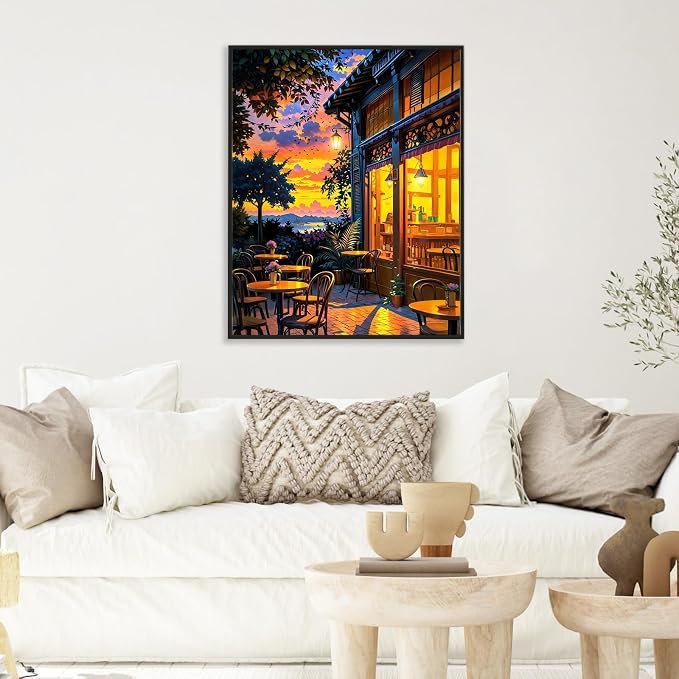 Paint by Numbers Kit for Adults, Sunset Café Number Painting Canvas Kit | DIY Acrylic Painting Set for Beginners, Stress Relief Relaxing Craft, Home Wall Decor, Holiday Gift for Adults, 16x20 Inch