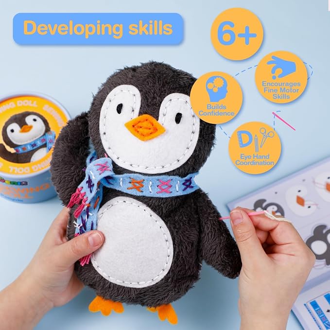 Avenir My First Sewing Kit for Kids 6-8, Penguin Stuffed Animal Craft Set
